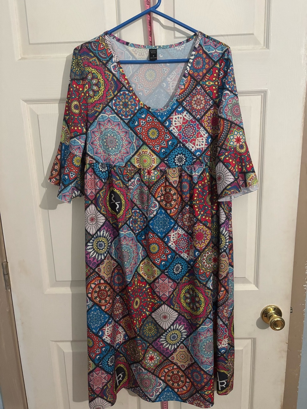 Vibrant Multi-Color Mosaic V-Neck Women’s Dress